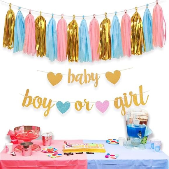 Baby Gender Reveal Decorations - Glitter Letters Baby & Boy or Girl with Banners - Picture 6 of 7